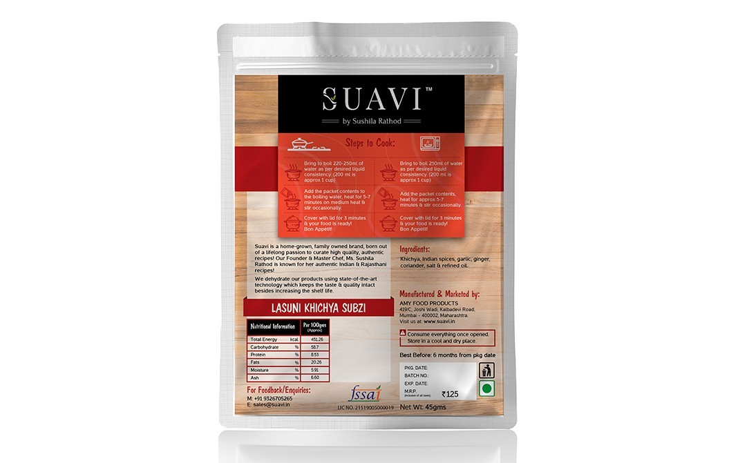 Suavi Lasuni Khichya Subzi    Pack  45 grams